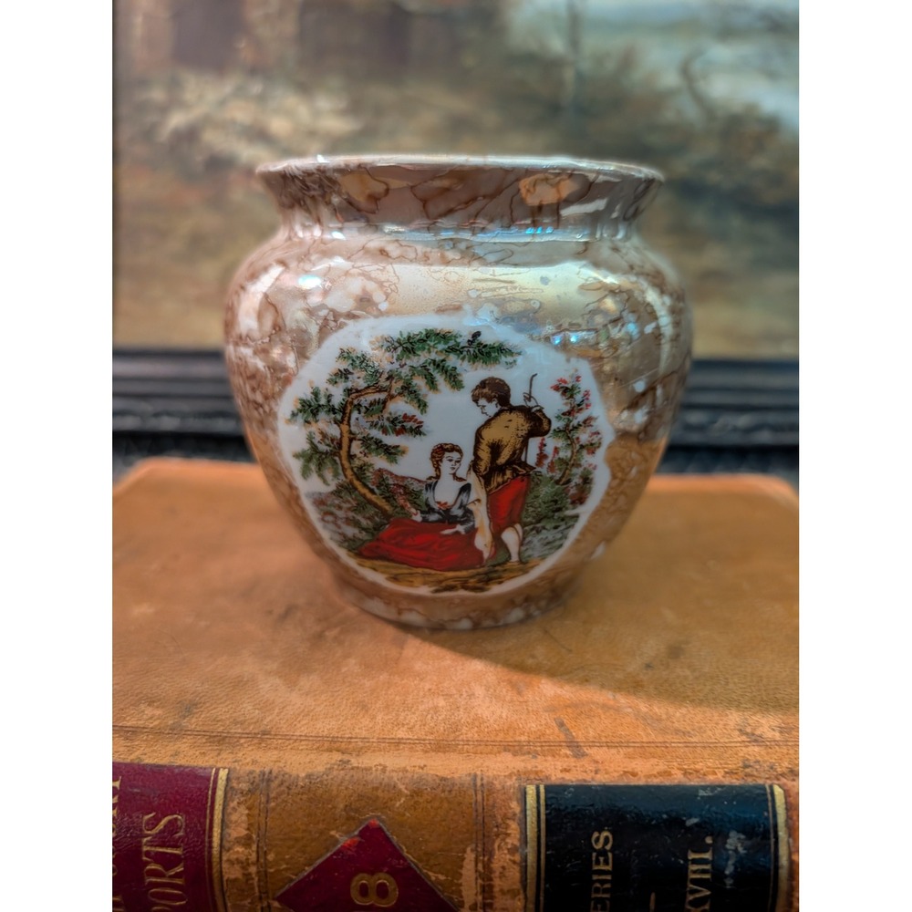 Vintage Fragonard Courting Couple Lusterware Miniature Vase Gold Marble 4x4